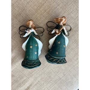 Set of 2 Greenbrier International Polystone Angels w/ Instrument and Dove 5.75"